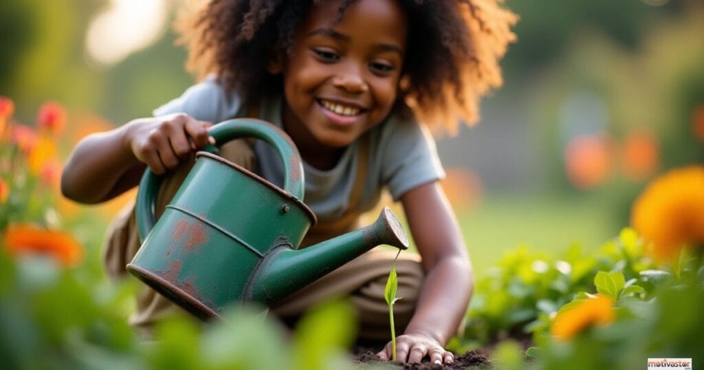 A happy young Black girl smiles as she uses a green watering can to nurture a tiny new sprout in a garden, symbolizing the cultivation of a growth mindset.