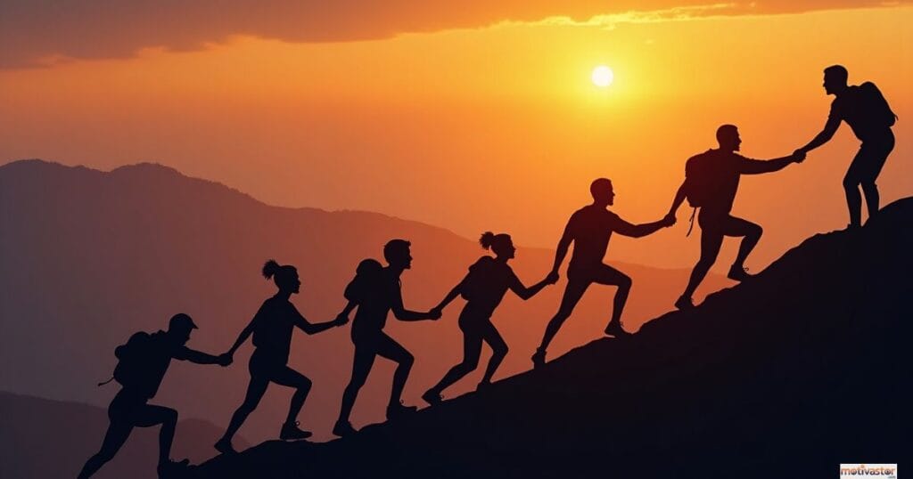 The silhouette of a team helping each other climb a mountain at sunset, representing how a growth mindset views success as a collaborative effort.