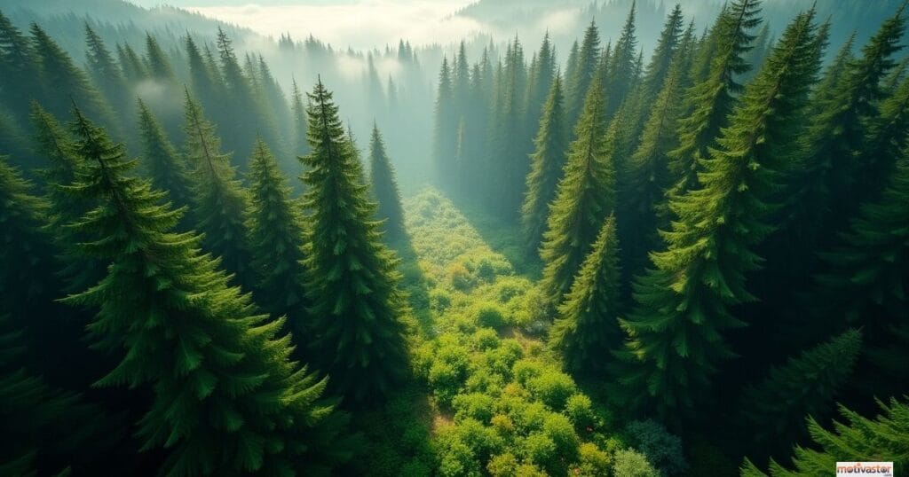 An aerial view looking down a misty valley filled with a dense, lush green pine forest, symbolizing the vast and continuous potential for growth.