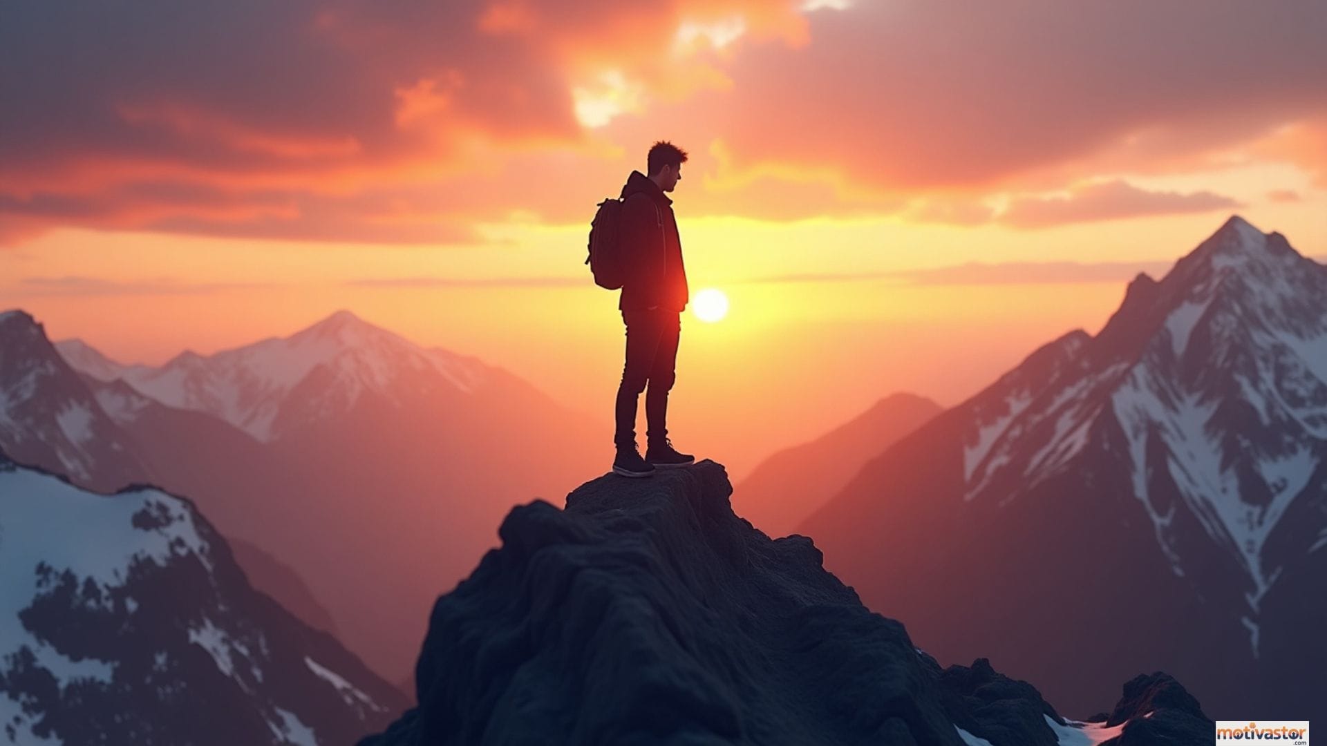 A man with a backpack stands on a mountain summit at a vibrant, fiery sunset, looking out at the range, symbolizing the new perspective unlocked by a growth mindset.
