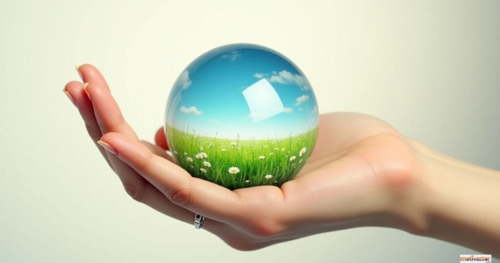 A woman's hand holding a perfect crystal globe that reflects a green field and blue sky, symbolizing how feedback offers a new and complete perspective on your world.