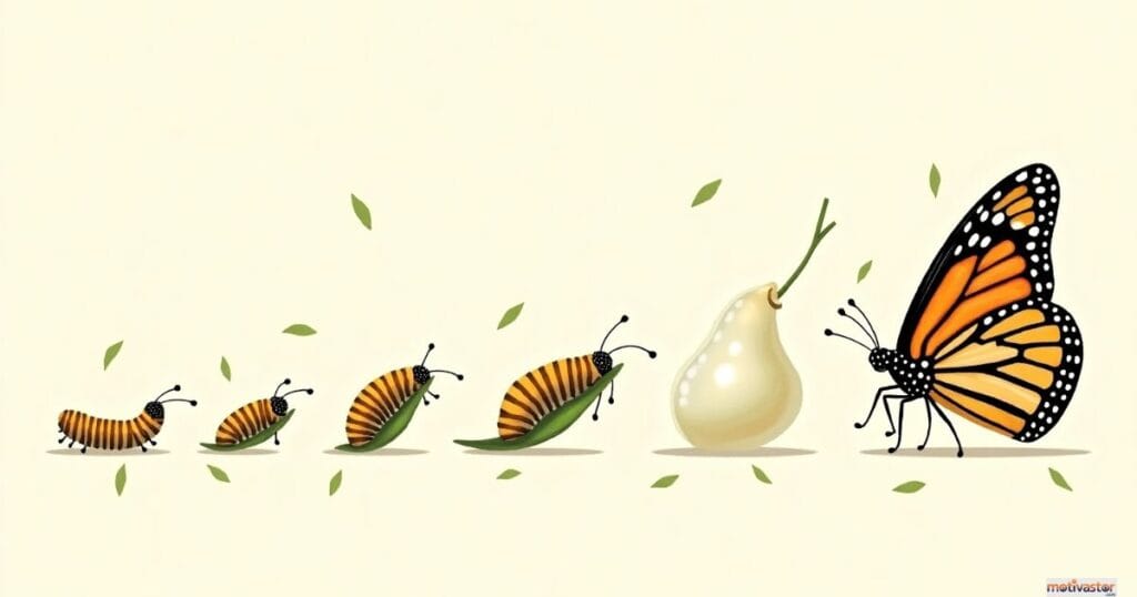 An illustration for an article on growth mindset examples, showing the butterfly life cycle as a metaphor for personal transformation and change.