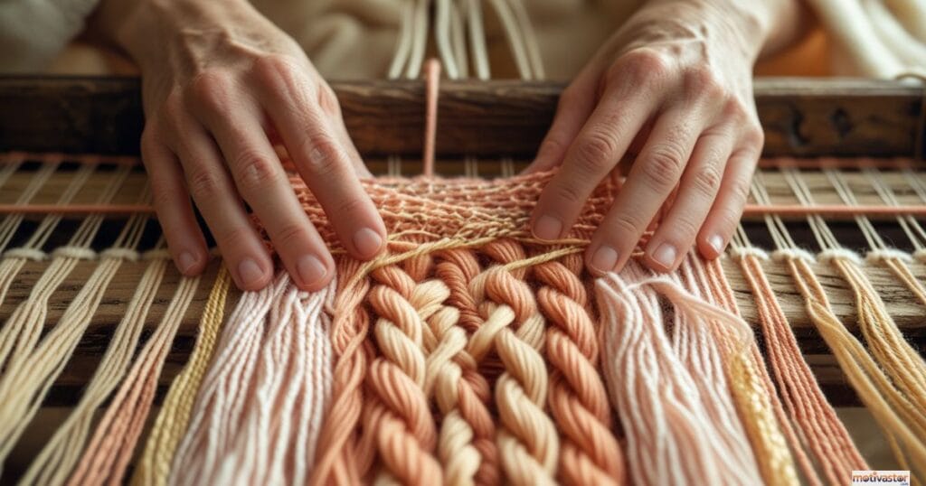 A close-up of a person's hands skillfully weaving a thick, textured tapestry with peach and cream yarn on a wooden loom, representing the building of new skills.