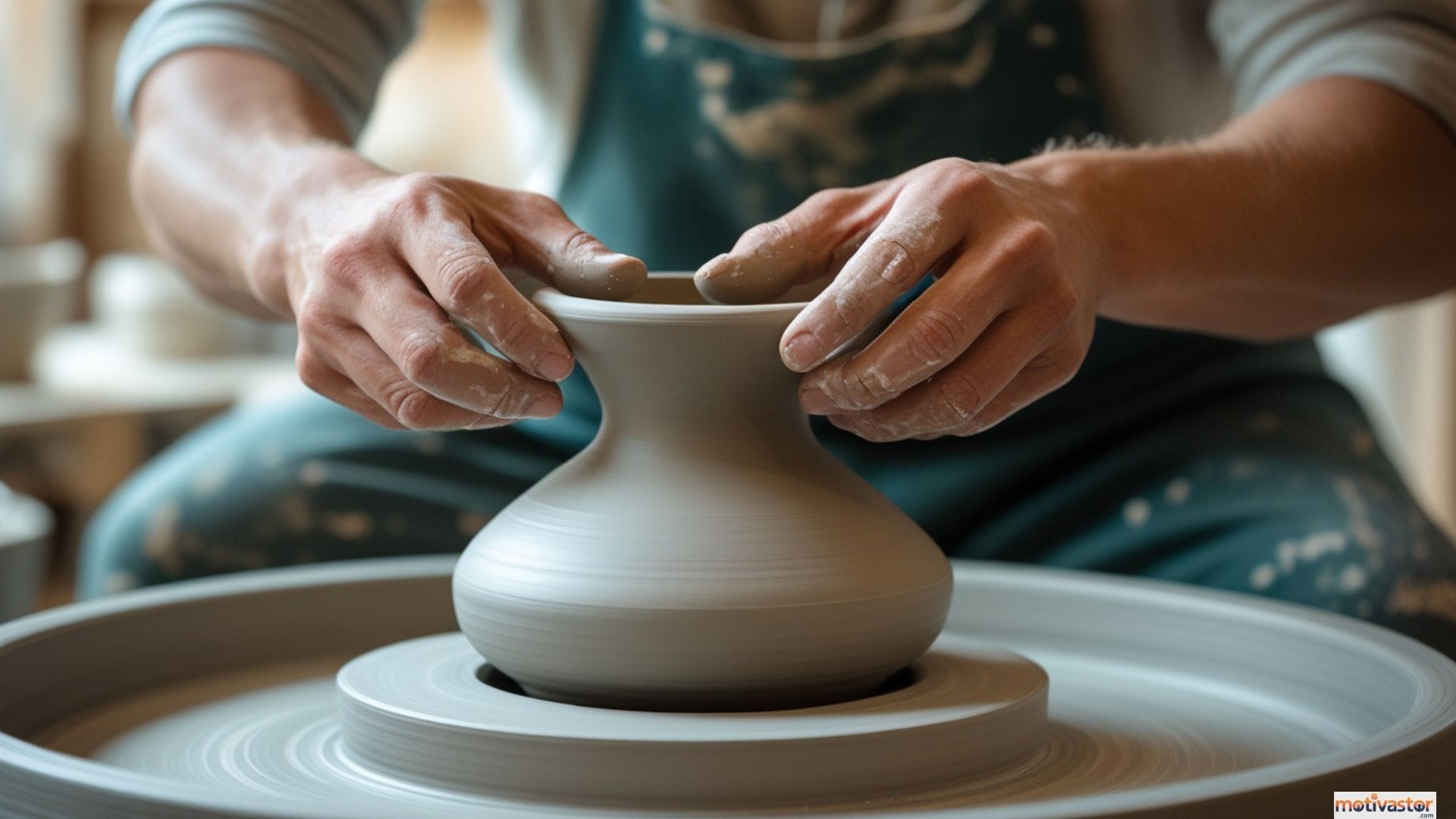 A potter's hands skillfully shaping a gray clay vase on a pottery wheel in a studio, symbolizing the deliberate practice of growth mindset activities for adults.