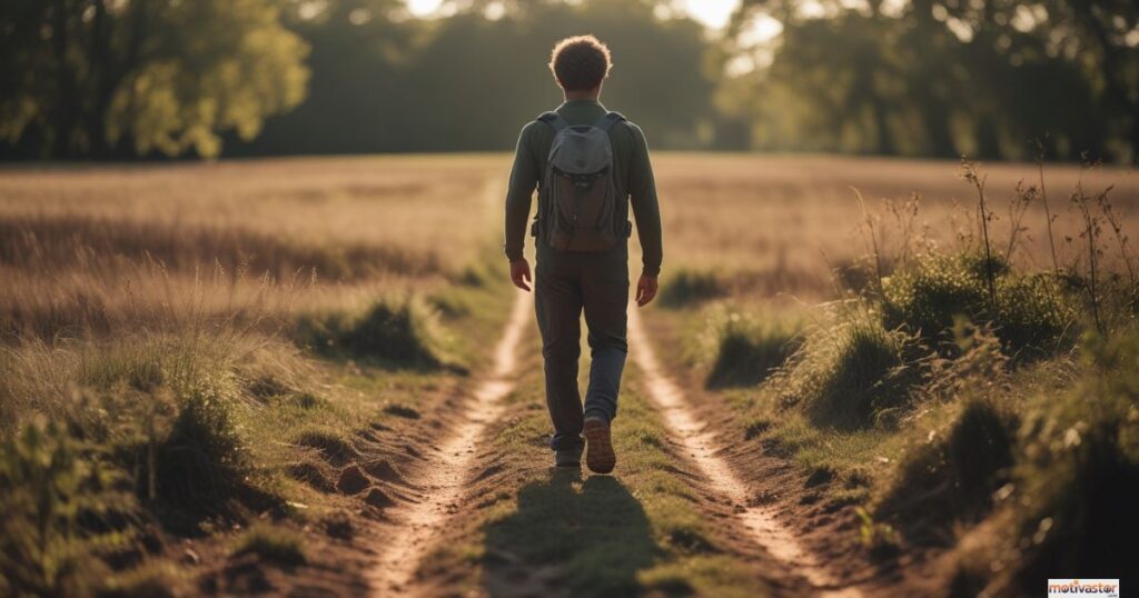 A man with a backpack walking down a dirt path through a grassy field at sunset, symbolizing how consistent growth mindset habits create a new path forward.