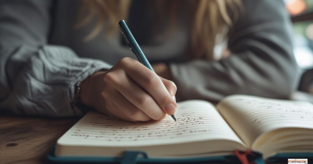 A close-up of a woman's hand writing thoughtfully in a journal, engaged in a growth mindset activity to learn from mistakes.