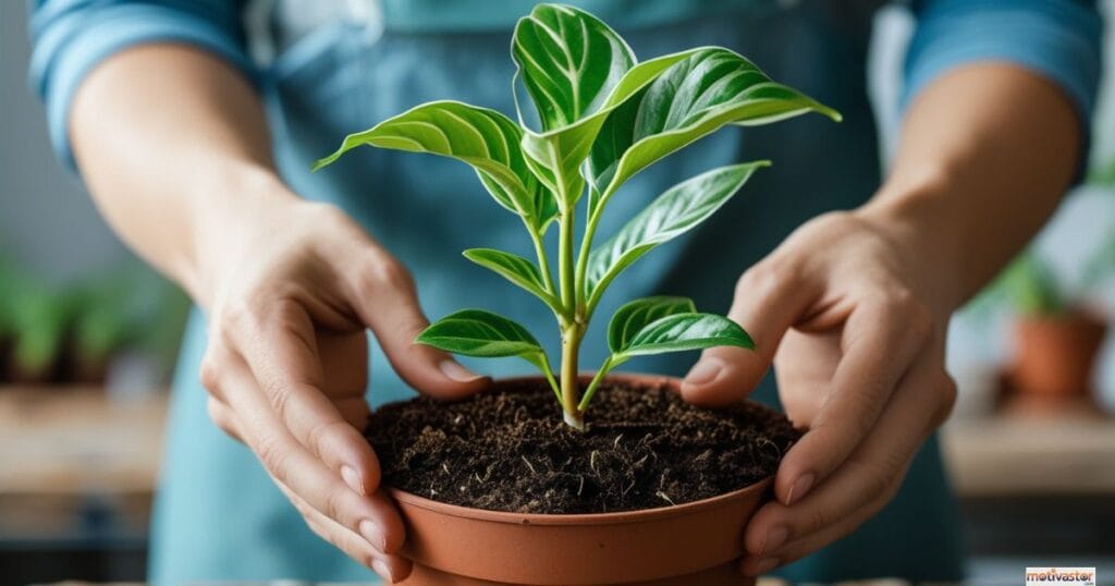 A close-up of a person's hands gently holding a small pot with a single, healthy plant, symbolizing the personal growth from mindset activities.