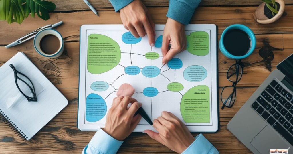 An overhead view of two people's hands collaborating on a mind map on a wooden desk, using a toolkit of growth mindset activities.