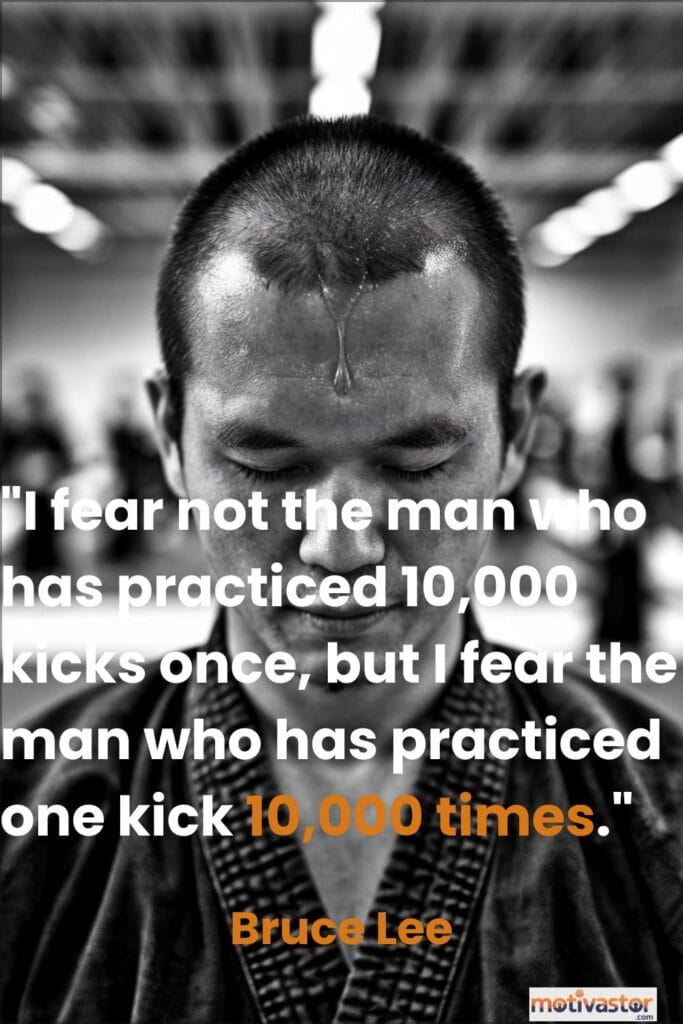 A powerful Bruce Lee quote about deliberate practice, set over an intense black and white photo of a focused martial artist.