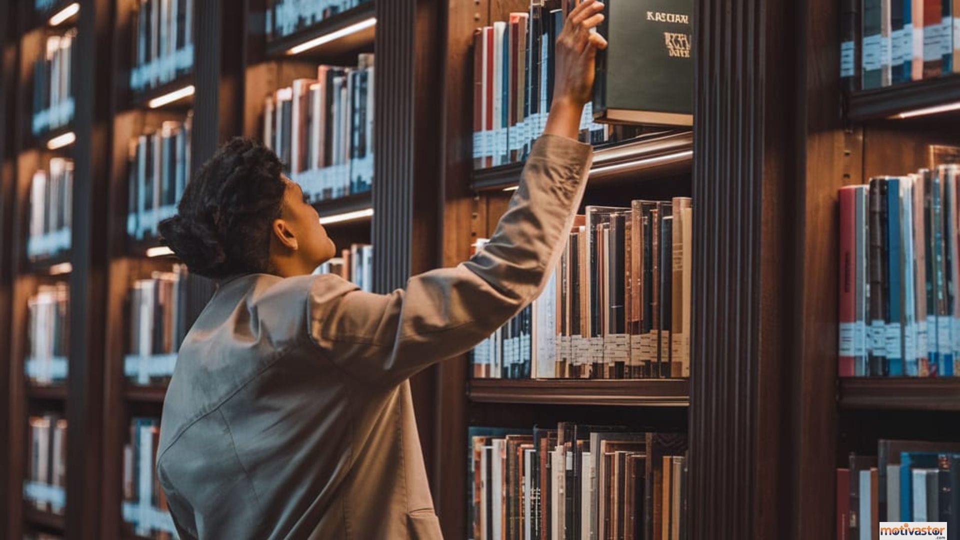A person selecting a book from a vast, well-lit library, symbolizing a curated collection of the best growth mindset quotes.