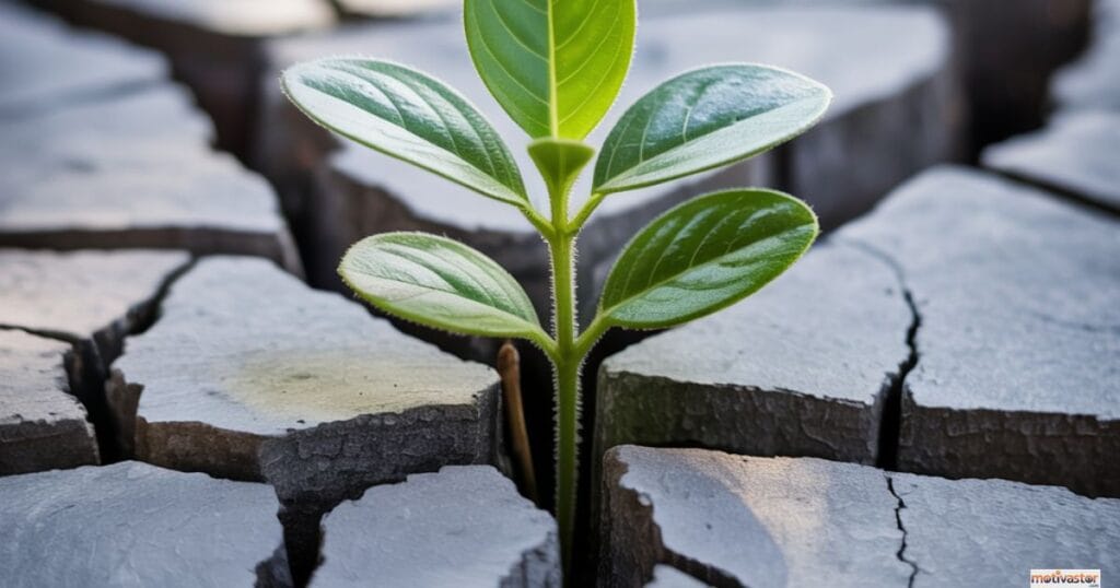 A small green plant growing through a crack in concrete, symbolizing how to overcome the fear of failure by building resilience.