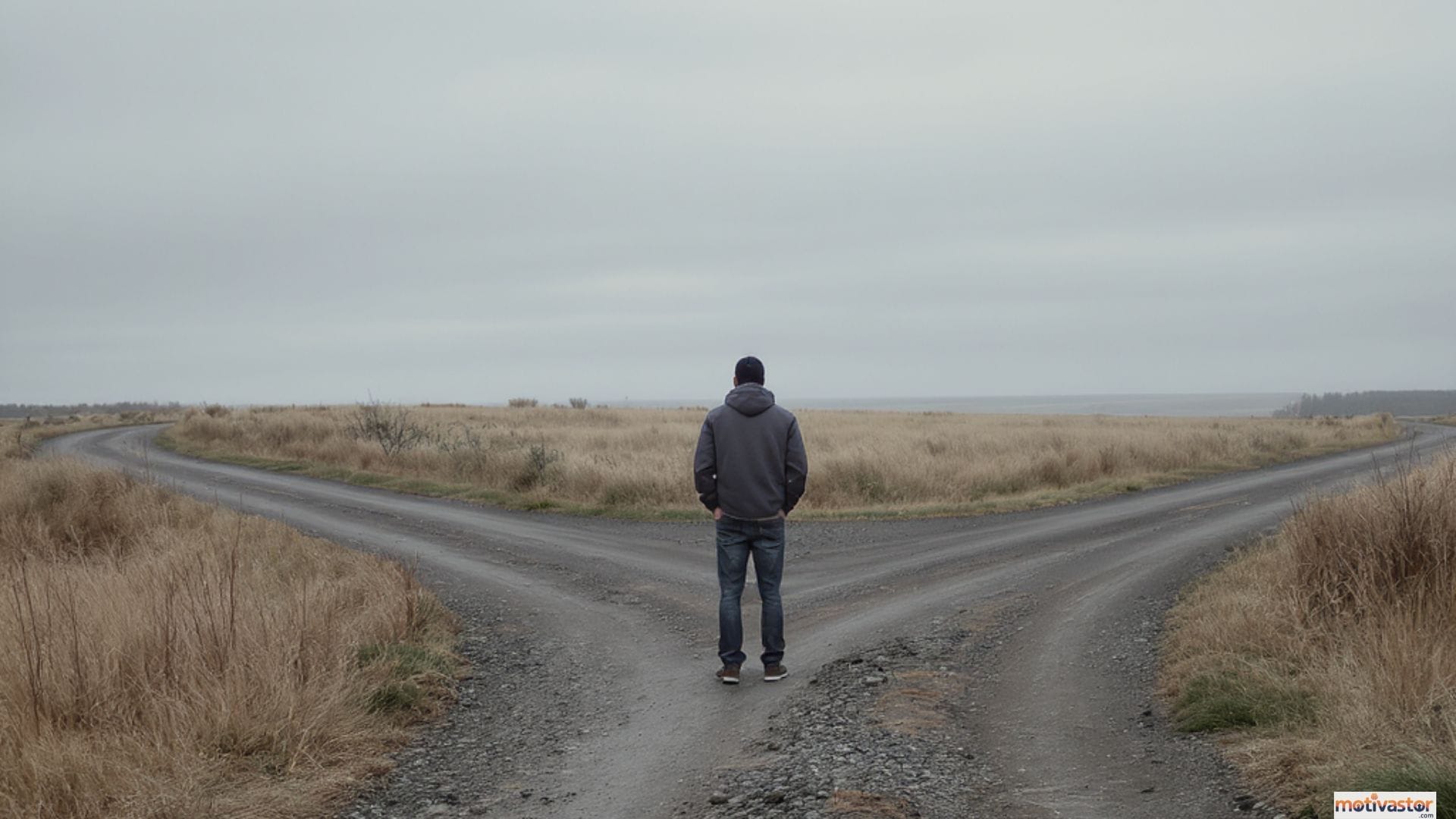 A person stands at a fork in the road, deciding which path to take, representing how to overcome the fear of failure.