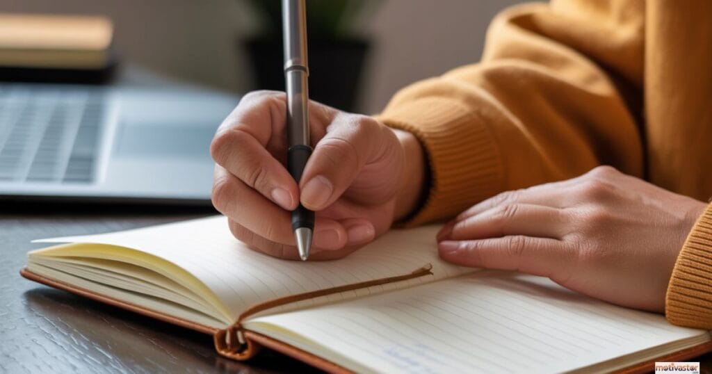 A person writing in a journal to analyze their thoughts and learn from mistakes, a key step in overcoming failure.